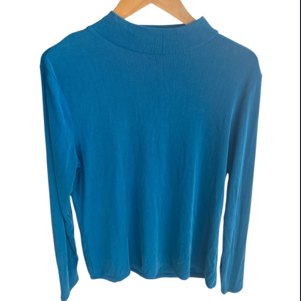Ophelia Roe Mock Neck Basic Ribbed Blue Long Sleeve Top